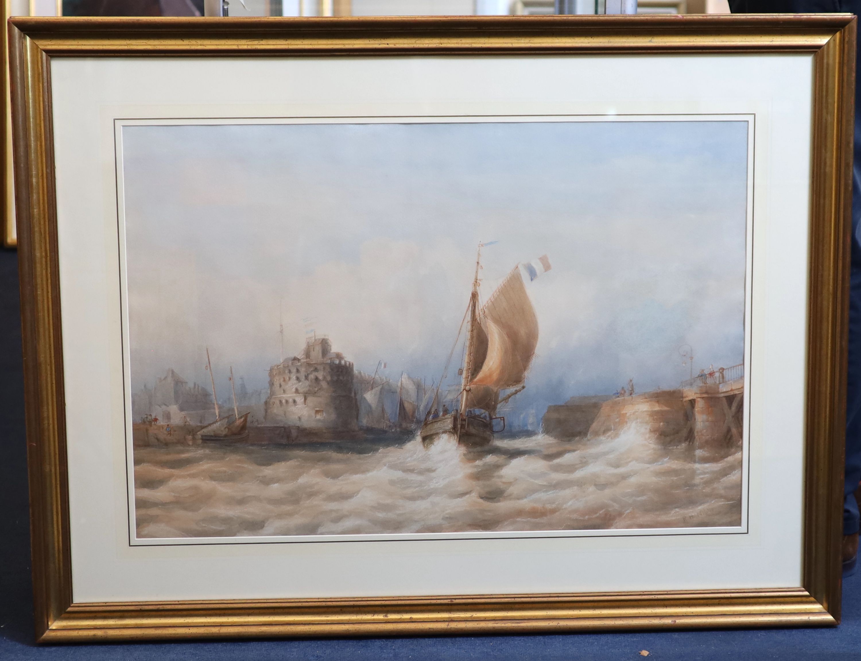 Richard Henry Nibbs (1816-1893), Fishing boats off Honfleur, watercolour, 58 x 86cm.